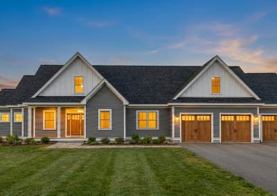 Hilltop 1 Elevation Summertime Dusk Tarkka Homes, Custom Home Builder Hopkinton NH